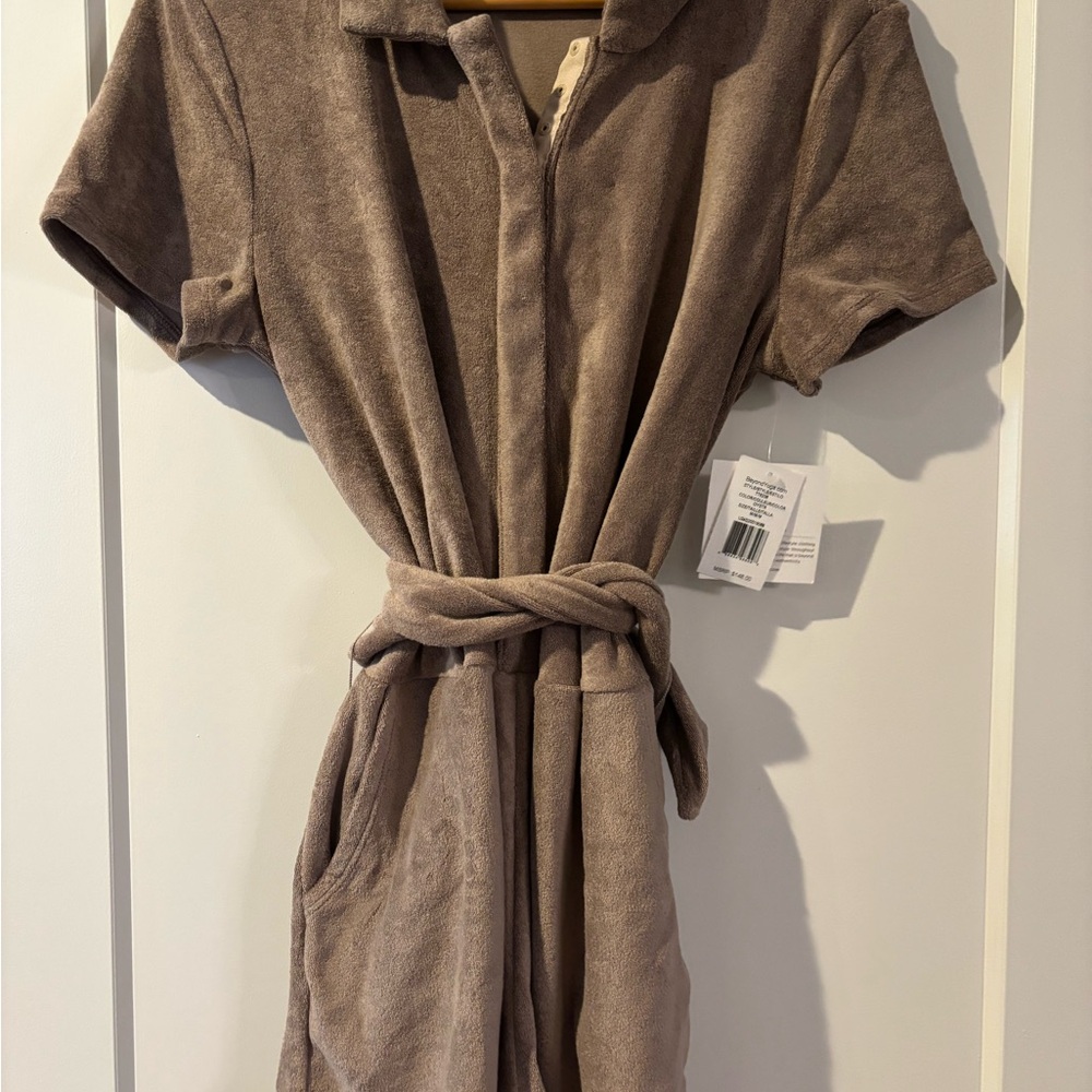 Brown Short-Sleeve Belted Jumpsuit